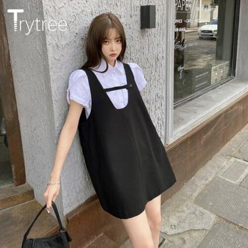 Trytree Summer Women Two Piece Set Casual Turn-down Collar Cotton White Shirt + Black Strap Dress A-line Office Lady 2 Piece Set