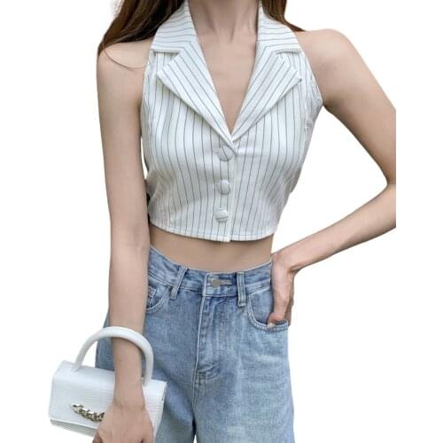 New Arrival Fashion Womens Halter Crop Tank Tops, Sleeveless Stripes Print Button Down Lapel Collar Camisole backless