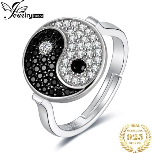 JewelryPalace Tai Chi Yin Yang 925 Sterling Silver Adjustable Ring Unique Genuine Black Spinel Statement Open Rings for Women