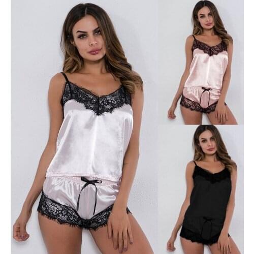 Women Sexy-Lingerie Sleepwear Satin Silk Babydoll Lace Nightwear Pajamas Set Solid Color Underwear