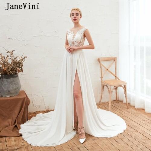 JaneVini Sexy White Long Train Wedding Dress A Line Cap Sleeves Lace Appliques High Slit Chiffon Bridal Dresses Robe Mariee Boho