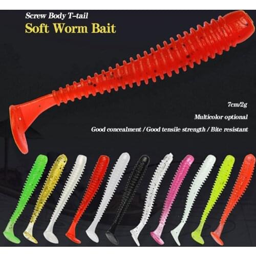 5PCS Worm Fishing Lures 7cm 2g Simulation T-Tail Fish Tackle Screw Thread Silicone Fishing Baits Wobbler Jigging Trout Lure