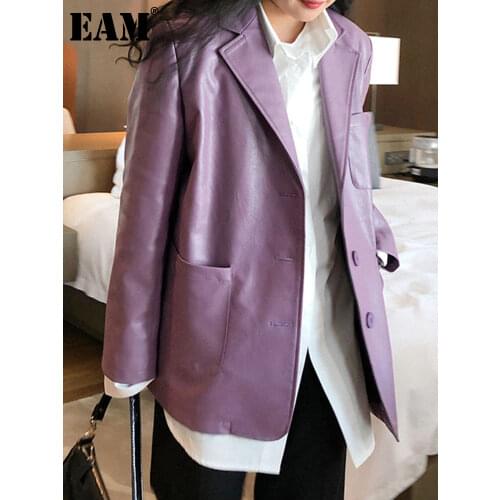 [EAM] Loose Fit Purple Big Size PU Leather Jacket New Lapel Long Sleeve Women Coat Fashion Tide Spring Autumn 2021 1DD6473