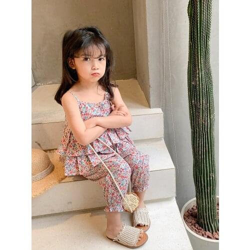 Korean Baby Girl Sets 2020 Summer New Boys and Girls Cute Print Strap Shirt+pants 2pcs Suits Toddler Cute Sets Girls Holiday Set