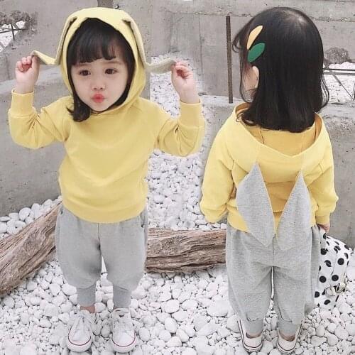 Girls Clothes Suit Solid Color Autumn Childrens Rabbit Ears Hoodie +Pants 2-Piece Fashion Set Of Youth Sports Clothes Suit 1-5Y