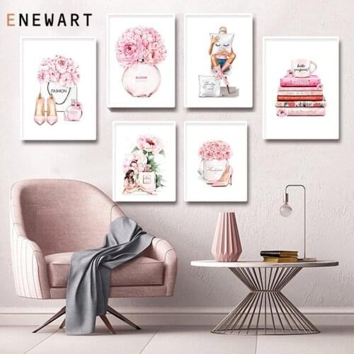 Fashion Magazine Wall Art Pink Floral Girl Perfume Makeup Canvas Painting Poster Beauty Salon Print for Bedroom Decor Picture