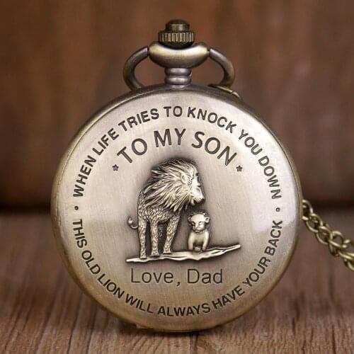 New Design Creative Lettering To My Son Lion Love Dad Quartz Pocket Watch Men Fob Chain Best Gift For Son and Dad