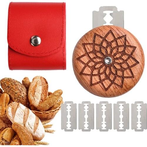 Bread Lame Cutter with Leather Bag 5 Blades Wooden French Bread Scorer Dough Scoring Slashing Tools for Sourdough Bread Bakers