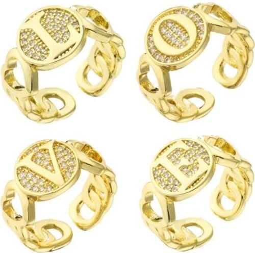 Wholesale Zircon Letter Gold Chian Rings For Women Korean Jewelry Girls Gift Finger Luxury Set MIcro Pave Adjustable ring