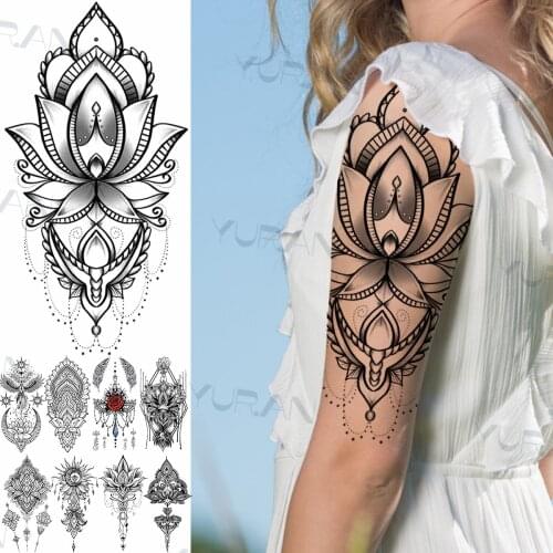 Realistic Lotus Flower Temporary Tattoos For Women Adult Fake Feather Moon Sun Jewelry Tattoo Sticker Washable Tatoos Armband