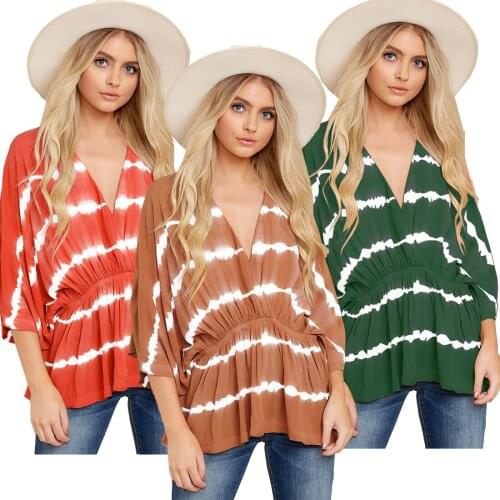 Short-Sleeved Shirt Top Summer Womens Loose Bat Sleeve Round Neckline Blouse Tie-Dye Casual Hot Selling Models