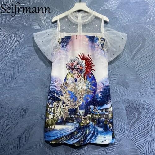 Seifrmann New 2021 Summer Women Fashion Designer Party Mini Dress Short Sleeve Gorgeous Crystal Beading Vintage Printed Dresses