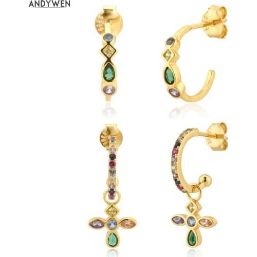 ANDYWEN 925 Sterling Silver Gold 2021 Spring Colorful Rainbow Hoops Circle Drop Earring Collection Fashion Piercing Clips Round