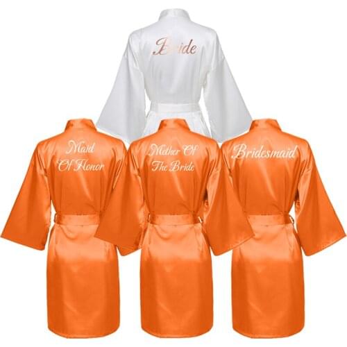 Satin Silk Bride Robe Wedding Party Bride Bridesmaid Robes Dressing Gown Bridal Robe Bathrobe Slippers White Print Orange