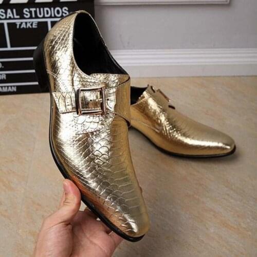 High Fashion Genuine Leather Snake Men Dress Shoes Gentleman Serpentine Buckle Footwear Party Dancing Shoe Male Boys Gold/Silver