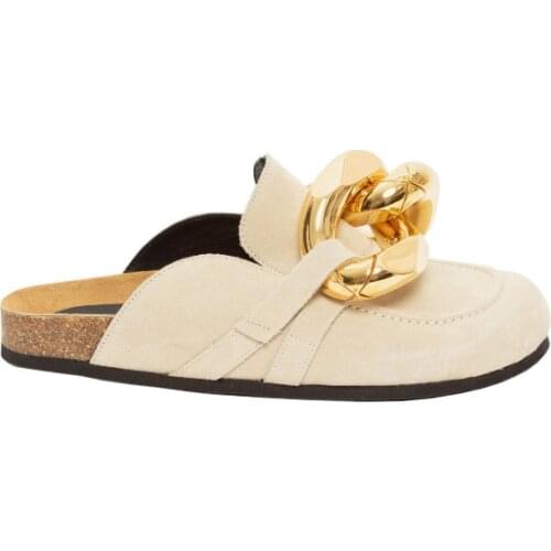 Fashion Spring Autumn Gold Chain Women Slipper Closed Toe Slip On Lazy Shoes Mules Shoes Round Toe Low Heels Casual Slides