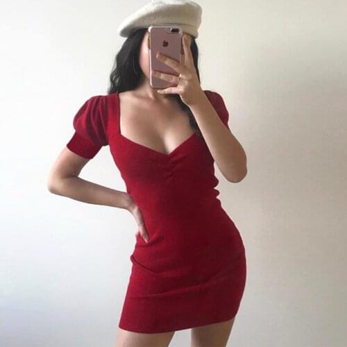 Missnight Vintage Bodycon Mini Dress Ruched Vintage Lantern Sleeve Red Dress Slim Sexy Women Dresses Female Vestidos Streetwear