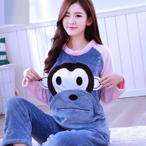 Womens Autumn Winter Sleepwear Long Sleeves Fleece Sleepsuit Girls Warm Homewear Thickened Flannel Coral Velvet Nightwear D2055