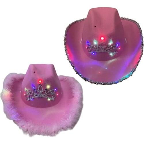 Pink Cowgirl Hats for Women Cow Girl Hats with Tiara Neck Draw String Felt Cowboy Costume Accessories Party Hat