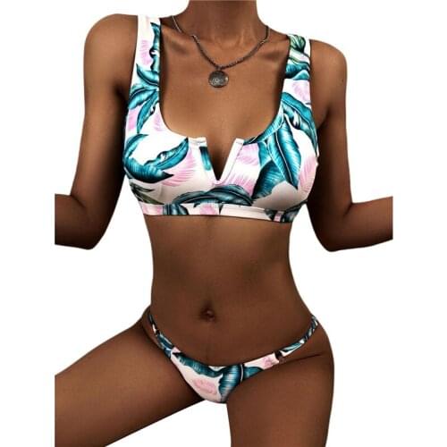 2Pcs Womens Leaf Printed Bikini Suit Low Neck Swimsuit Tank Tops +Ring Buckle Thong Bottoms Sexy Swimwear Beach/Swimming