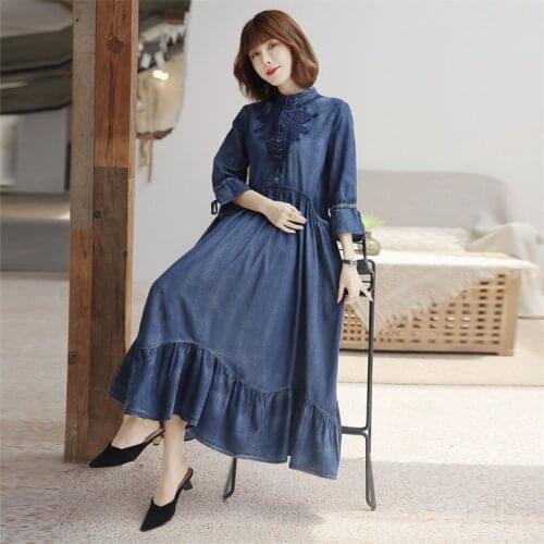 Spring Womens Denim Patchwork Dress Q2190 Vintage Women A line Dresses Stand Collar Half Sleeve Embroidery Vestidos