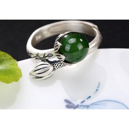 Elegance Lotus Natural Jade Ring For Women Girl 100% 925 Sterling Silver Adjustable Ring Wedding Gift