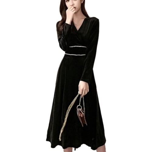 Spring Autumn Womens Dresses Gold Velvet Long Sleeve Slim Fashion Casual Dress Vintage Party Dress