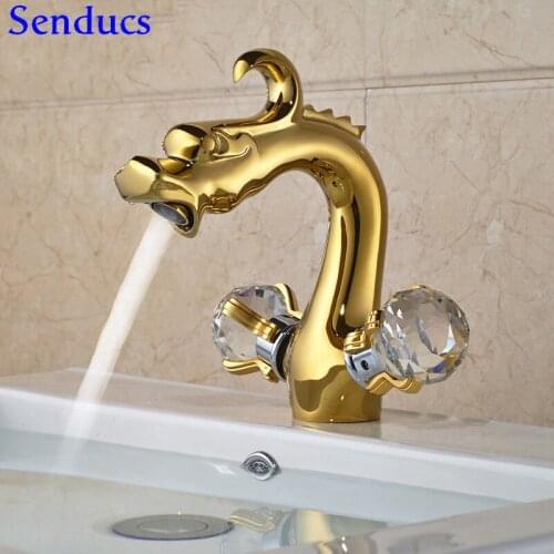Senducs Dual Handle Gold Bathroom Basin Faucet Deck Mounted Golden Basin Sink Faucet Luxury Dragon Gold Bathroom Mixer Tap