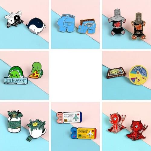 2pcs/set Pins Tortoise Flower Heart Ticket Demon Whale Enamel Metal Pins Brooches Badges Lapel Clothes Pins Women Jewelry Gifts