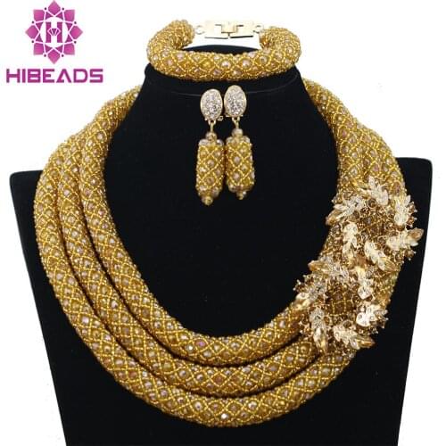 2017 Hot Nigerian Beads Necklace Handmade Braid Beads African Jewelry Set Gold Bridal Lace Jewelry Sets Free Shipping ABF360