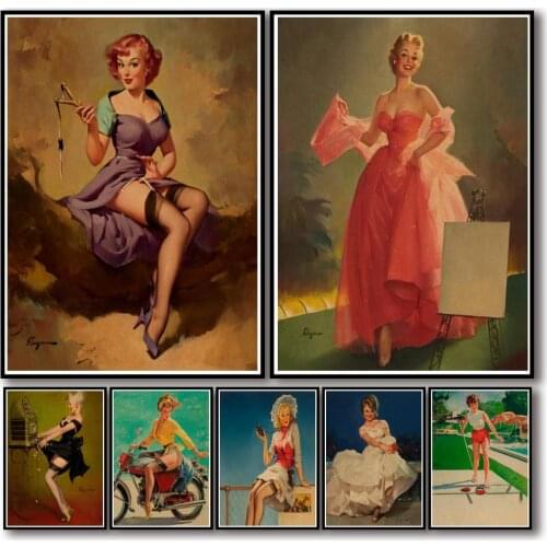 35 Designs Retro 1940s PINUP GIRLS Kraftpaper Poster Home Decal Art Painting Funny Wall Sticker for Coffee House Bar 1