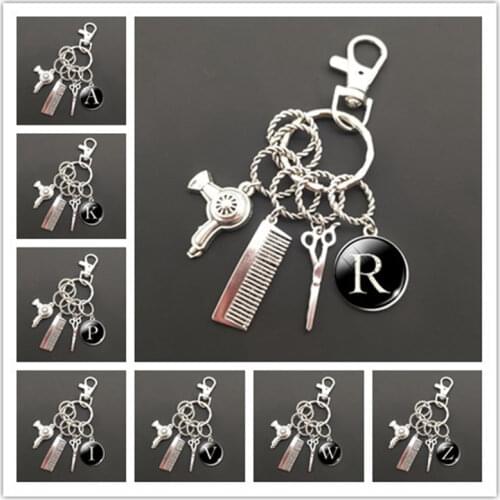 A-Z letter hair dryer key chain hairdresser gift comb scissors car key ring accessories jewelry gift hairdresser key chain