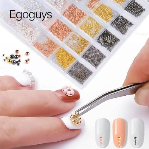 1Bag 0.5-3mm 6 Sizes Metal Stainless Steel Ball Nail Art Rhinestones Beads Pearls Caviar Nail Decorations Black Gold Silver Rose