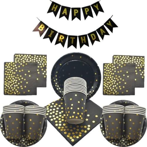 Black Gold paper plates birthday party decorations kid Paper Straws wedding decoration bridesmaid gift Foil Disposable tableware