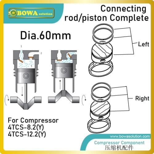 Dia.60mm connecting rod/piston complete is designed for 10.3m3/h cylinder of coolant compressors, such as 4TCS-8.2 or 12.2(Y)