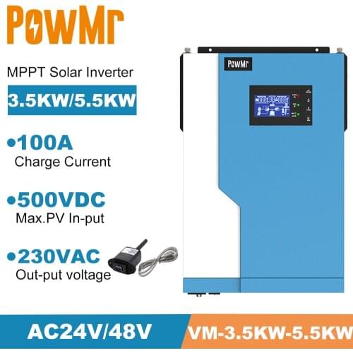 24VDC 48VDC 220VAC Solar Hybrid Inverter 5000W 3500W Pure Sine Wave MPPT 100A Solar Regulator Inside for Max 500V PV Input WIFI