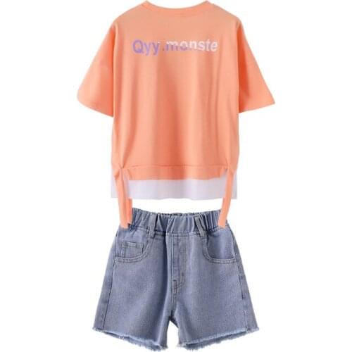 Girls Summer 2021 Loose Children Clothing Sets Korean Fashion Short-sleeved T-shirt+Denim Shorts 2pcs Sets Girl Clothes Outfits