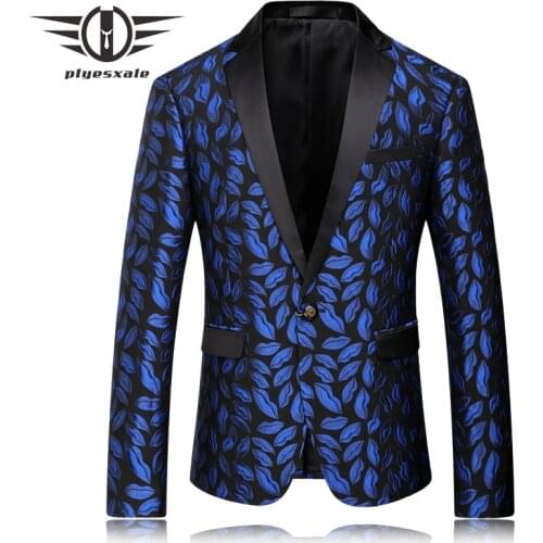 Plyesxale Blazer Men 2018 Royal Blue Mens Blazer Slim Fit Mens Stage Wear Fashion Printed Wedding Blazers Male Floral Suit Q56