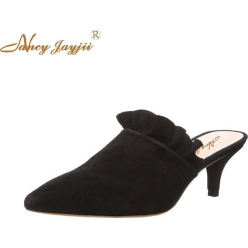 Nancyjayjii Woman slippers Lady Shoes Adult Flock Black solid Ruffles Outside Spring/Autumn Basic High thin heels Sweet Fashion