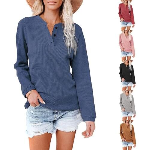 2021 autumn and winter new fashion European and American womens hot style V-neck solid color long-sleeved shirt T-shirt women