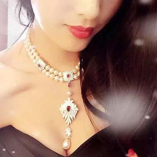 Womens 8-9mm white freshwater pearl flowers micro inlay zircon accessories necklace White Keshi Pearl Pendant