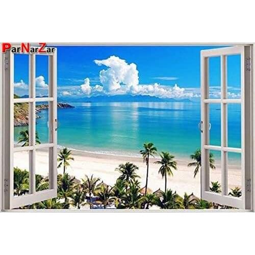ParNarZar 5D Diamond Painting DIY Beach Kits, Window Sea Tree Blue Sky Embroidery Diamond Full Drill For Home Wall Decorations