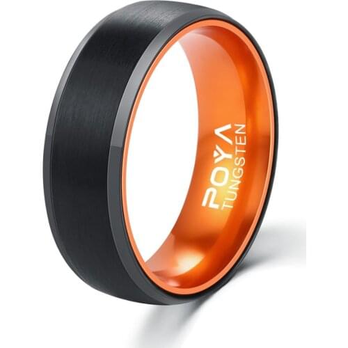 POYA TUNGSTEN Ring Mens 8mm Orange and Black Wedding Band Beveled Edges Comfort Fit