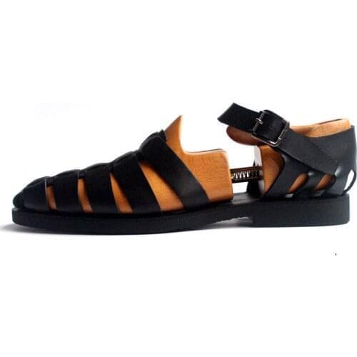 Italian Classic Mens Summer Gladiator Beach Sandals Ankle Buckle Weave Hollow Out Cow Real Leather Shoes Large Size Casual Shoes