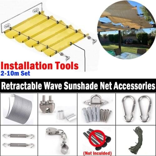 SS304 Sun Shade Net Accessories Telescopic Wave Sunshade Nets Installation Tools Set Stainless Steel Pipe Clamp Pulley Wire Rope