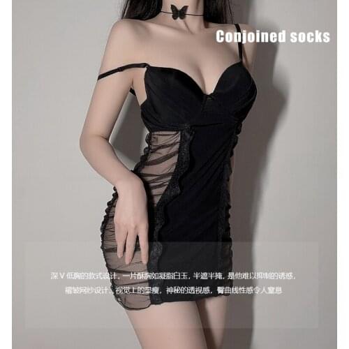 Sexy Lingerie Sexy Deep V Wrinkled Mesh Perspective Temptation Hot Sling Temptation Suit Sexy Pajamas Suit Charming Girl