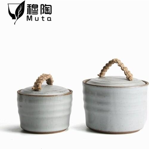Taiwan retro wood-fired stoneware hemp rope tea caddy sealed pot ceramic storage jar household creative Japanese tea warehouse