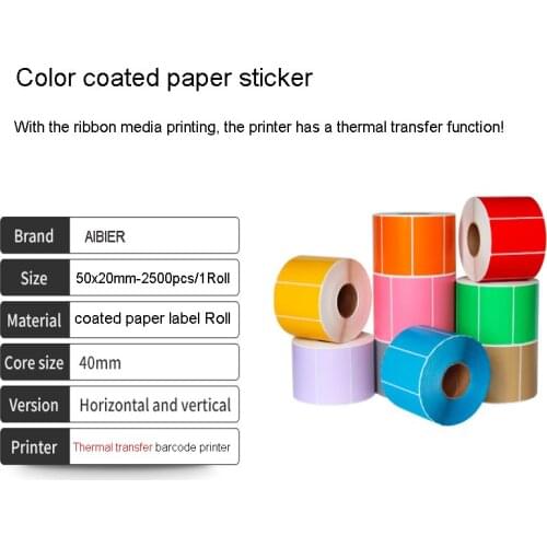 Top AIBIER Color coated art paper sticker 40mm Core Thermal transfer Paper 50x20mm Adhesive Stickers need ribbon media printing