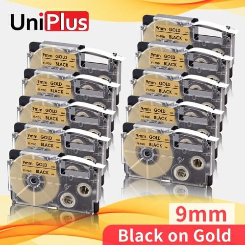 UniPlus 10PK Black on Gold Labeling Tape 3/8" Compatible Casio Printer Ribbon 9mm*8m XR-9GD XR9GD Label Cassette for Casio Label