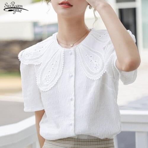 2021 Summer New Embroidered Women Shirts with Lace Casual Fashion Women Clothing Single Breasted Black White Tops Blusas 14837